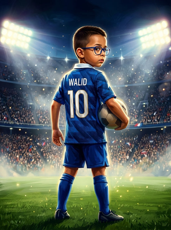 Personalized soccer poster: child in a French blue jersey, name and number printed on the back, in a floodlit stadium