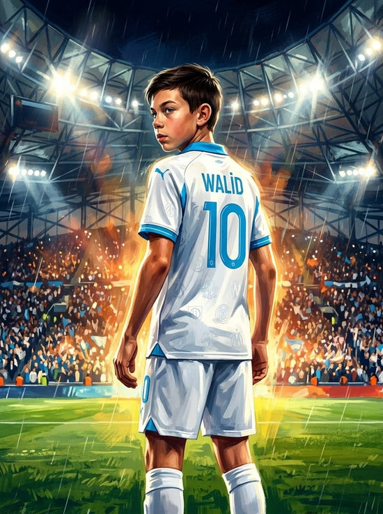 Personalized soccer poster: young boy in a Marseille white jersey, looking over his shoulder in a rainy stadium