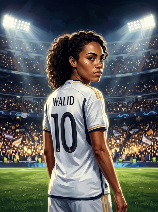 Personalized soccer poster: young woman in a Madrid white jersey, name and number printed, stadium atmosphere