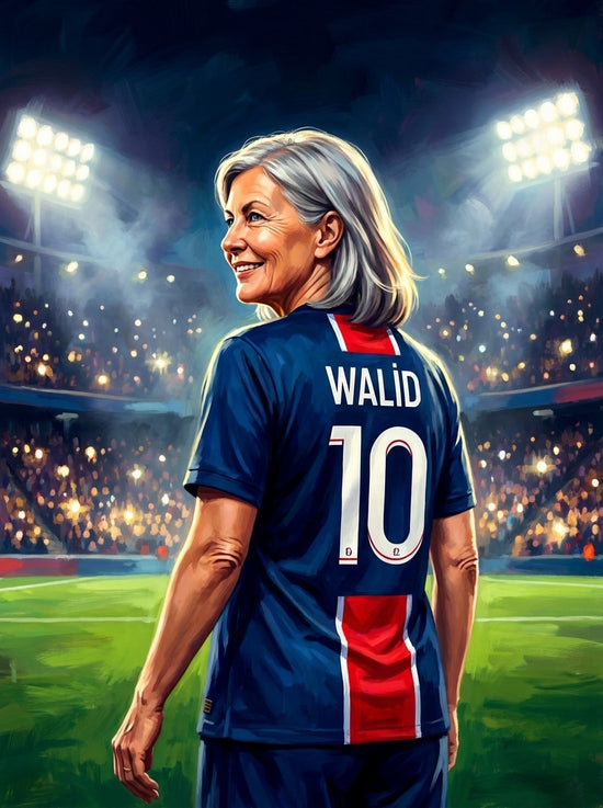 Poster personnalisé foot : femme senior souriante en maillot parisien, prénom et numéro 10 floqués dans le dos
