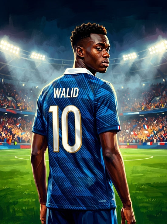 Poster personnalisé foot : homme en maillot bleu des Bleus, prénom et numéro dorés floqués, posture de joueur pro