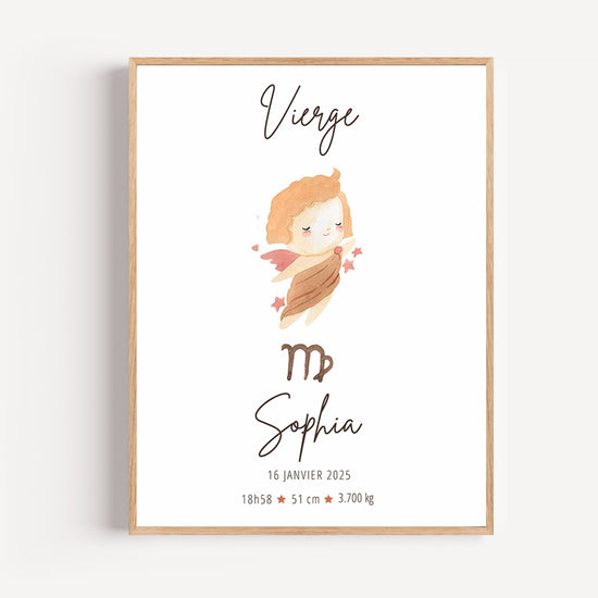 Poster personnalisé signe Vierge ange aquarelle rose pour décoration chambre bébé