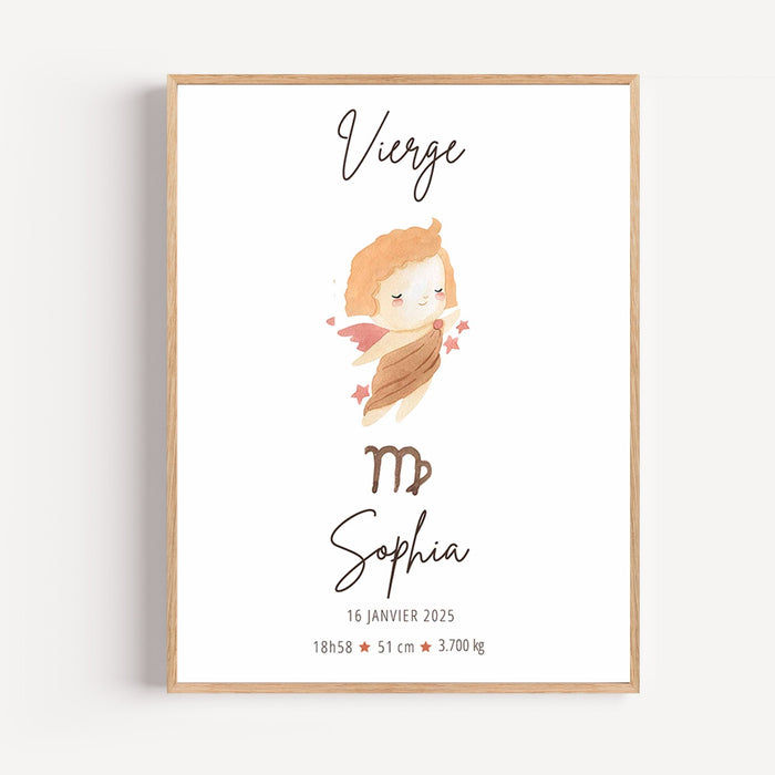 Poster personnalisé signe Vierge ange aquarelle rose pour décoration chambre bébé