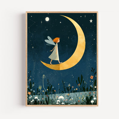 Poster Petite fée sur la lune - Douceur nocturne et rêves étoilés