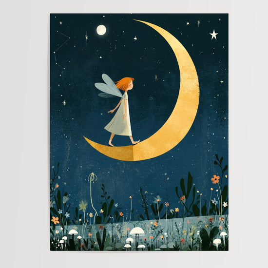 Poster Petite fée sur la lune - Douceur nocturne et rêves étoilés — Vierge - poster-presentation-produit