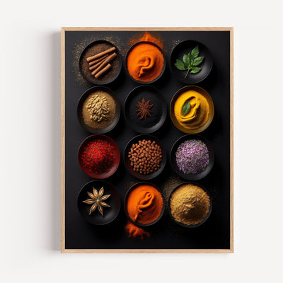 Spices of the World Poster – kitchen wall art print with spices on black