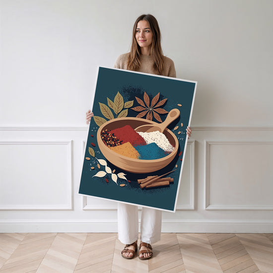 Poster Épices indiennes - Bol de couleurs chaudes et parfumées — Vierge - poster-femme-debout