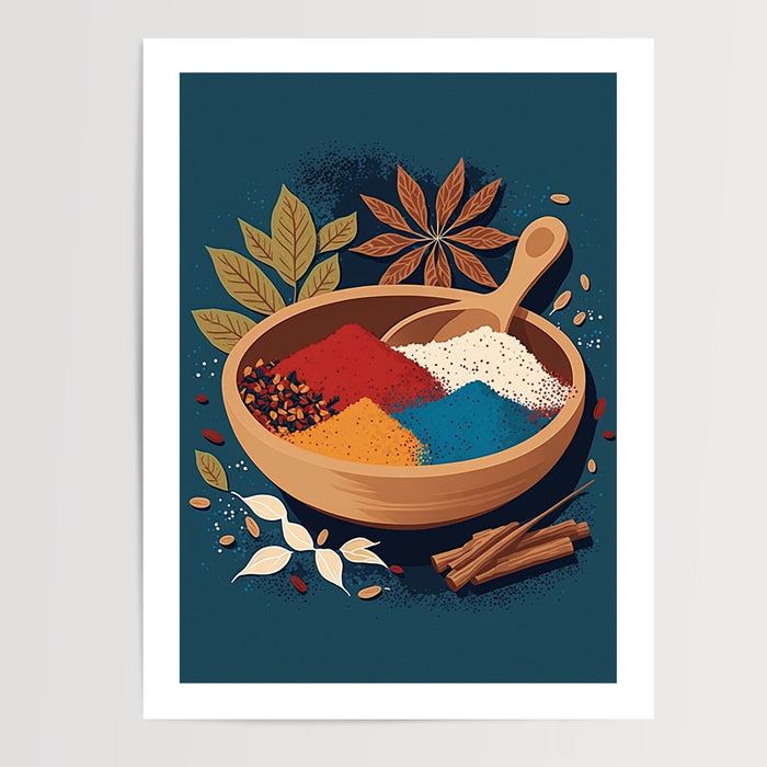 Poster Épices indiennes - Bol de couleurs chaudes et parfumées — Vierge - poster-presentation-produit — passe-partout blanc