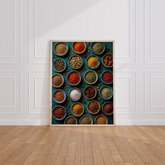Poster Épices marocaines - Couleurs et parfums d'une cuisine ensoleillée — Vierge - living-room