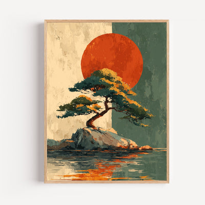 Póster de pino japonés con sol rojo – arte zen minimalista