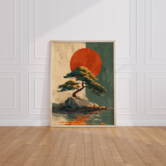 Poster Pin japonais - Silhouette apaisante face au soleil rouge — Vierge - living-room
