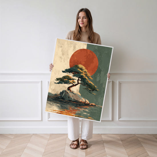 Poster Pin japonais - Silhouette apaisante face au soleil rouge — Vierge - poster-femme-debout