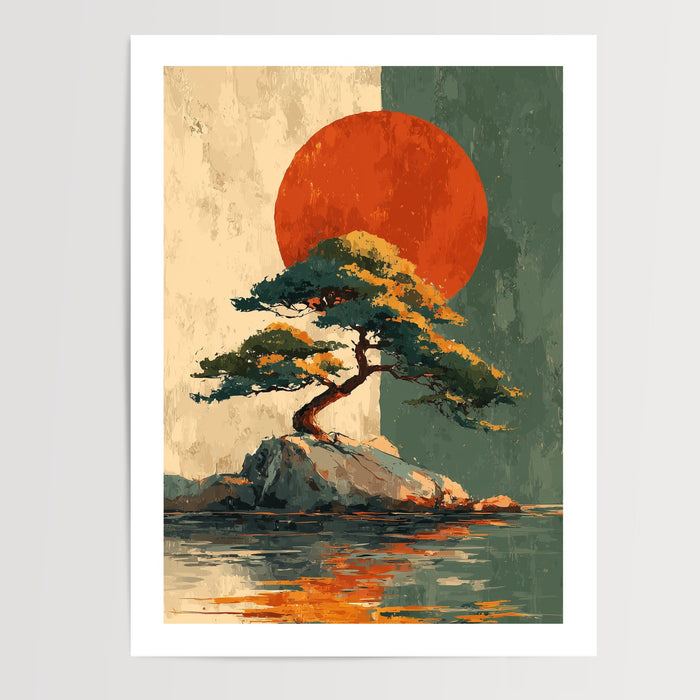 Poster Pin japonais - Silhouette apaisante face au soleil rouge — Vierge - poster-presentation-produit — passe-partout blanc