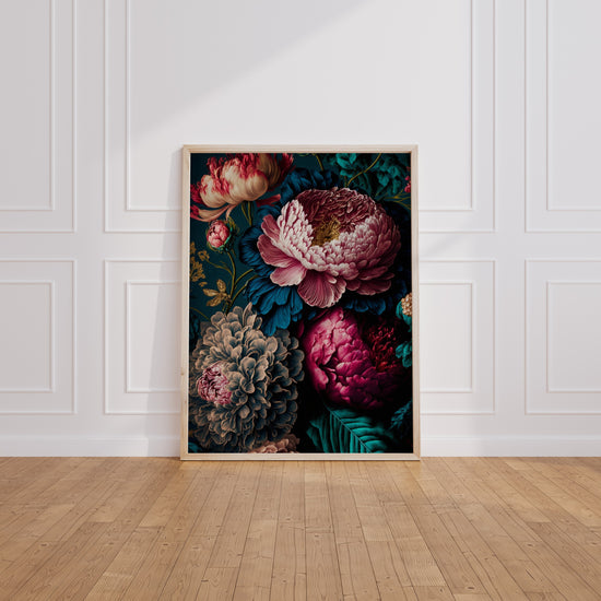 Poster Pivoines baroques - Floraison majestueuse sur fond noir — Vierge - living-room