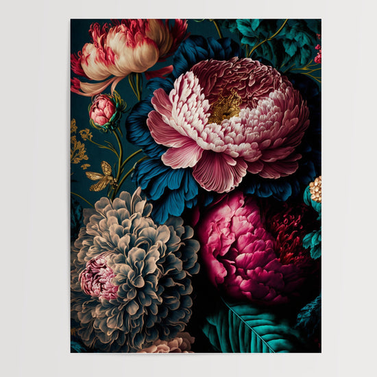 Poster Pivoines baroques - Floraison majestueuse sur fond noir — Vierge - poster-presentation-produit