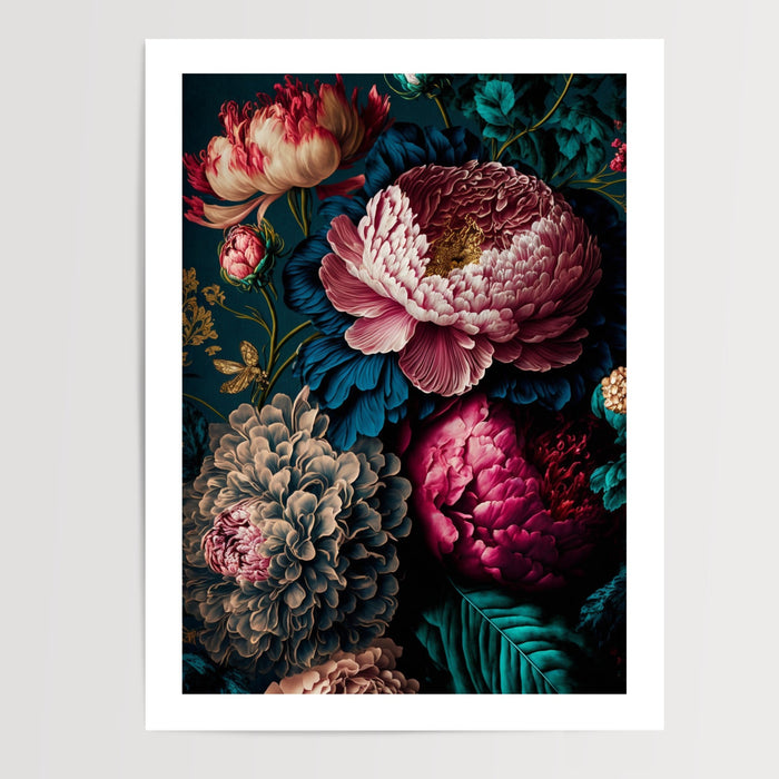 Poster Pivoines baroques - Floraison majestueuse sur fond noir — Vierge - poster-presentation-produit — passe-partout blanc
