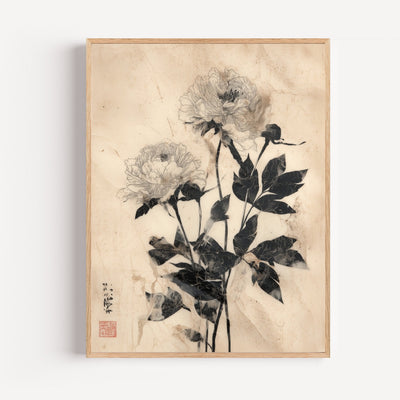 Póster de peonías chinas — tinta delicada y espíritu antiguo