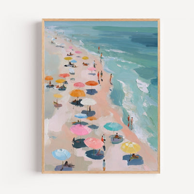 Póster Playa con sombrillas - Mar turquesa y luz de verano