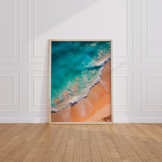 Poster Plage paradisiaque - Sable blanc et eaux turquoise vues du ciel — Vierge - living-room