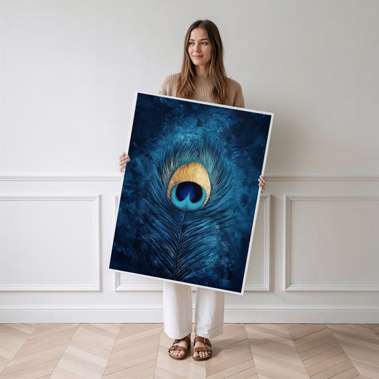 Poster Plume de paon - Reflets de bleu profond et d'or — Vierge - poster-femme-debout