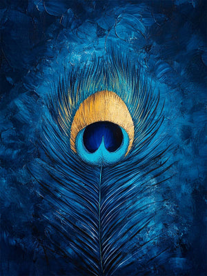 A detailed artistic illustration of a peacock feather. The composition showcases deep blue and golden hues, with painted textures that add relief and depth. The artwork evokes the elegance and natural beauty of peacock plumage, ideal for contemporary wall decor.
