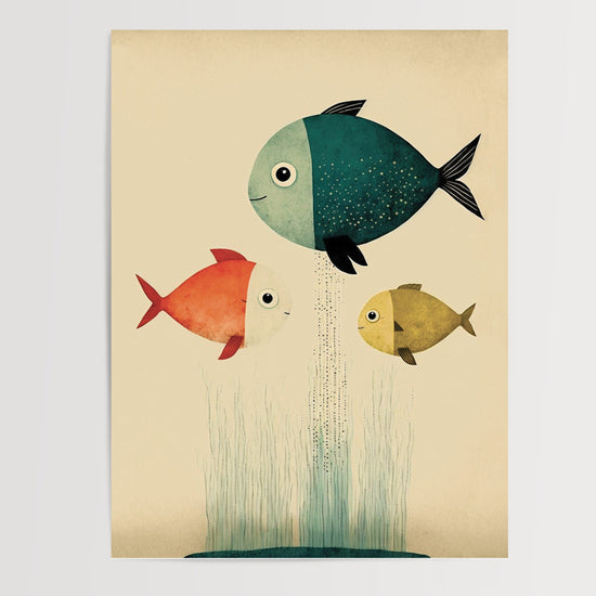Poster Poissons joyeux - Trois amis colorés des mers enchantées — Vierge - poster-presentation-produit