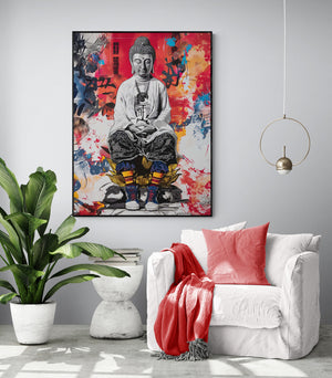 living room, cozy white armchair, red cushion and throw, modern side table, large green plant, white wall, street art canvas