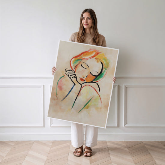 Poster Frauenporträt – Frau stehend mit Poster, Pastellfarben