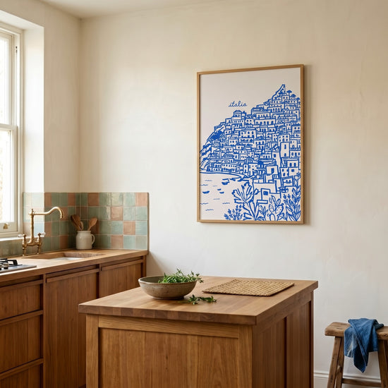 Poster Positano - Côte amalfitaine et village méditerranéen dessiné — Décor sur-mesure (IA)