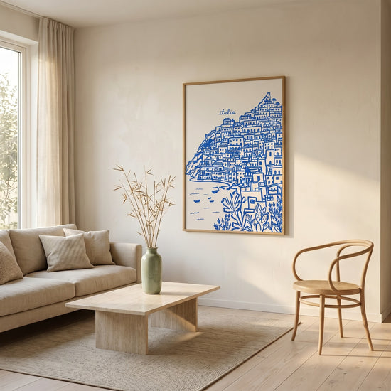 Poster Positano - Côte amalfitaine et village méditerranéen dessiné — Décor sur-mesure (IA)