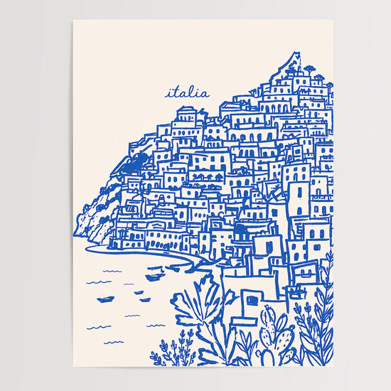 Poster Positano - Côte amalfitaine et village méditerranéen dessiné — Vierge - poster-presentation-produit