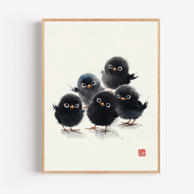 Póster Pollitos negros a tinta china – lámina infantil