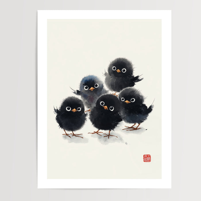 Poster Poussins noirs - Petites boules de plumes à l'encre de Chine — Vierge - poster-presentation-produit — passe-partout blanc