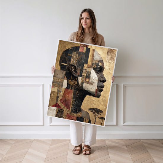 Poster Profil de reine africaine - Or ancestral et motifs wax — Vierge - poster-femme-debout