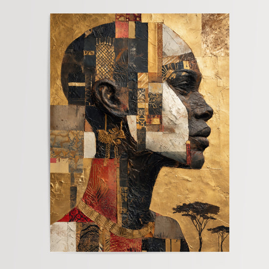 Poster Profil de reine africaine - Or ancestral et motifs wax — Vierge - poster-presentation-produit