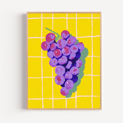 Poster Raisin pop art - Grappe violette et jaune soleil façon carrelage rétro