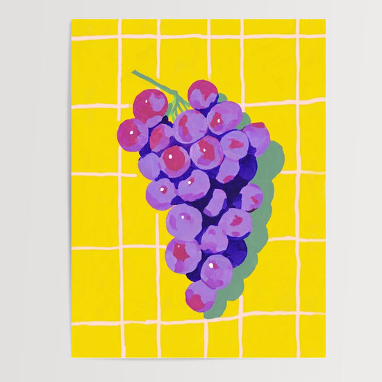 Poster Raisin pop art - Grappe violette et jaune soleil façon carrelage rétro — Vierge - poster-presentation-produit