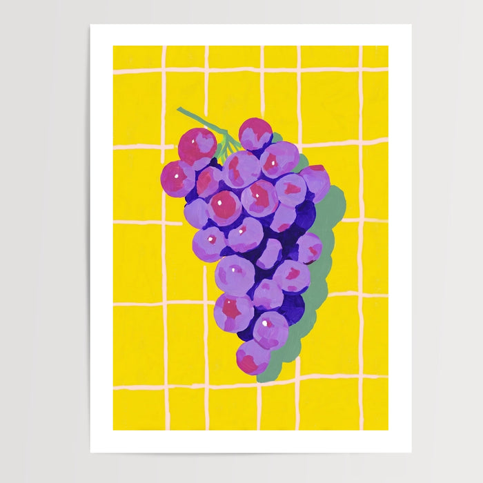 Poster Raisin pop art - Grappe violette et jaune soleil façon carrelage rétro — Vierge - poster-presentation-produit — passe-partout blanc