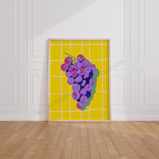 Poster Raisin pop art - Grappe violette et jaune soleil façon carrelage rétro — Vierge - living-room