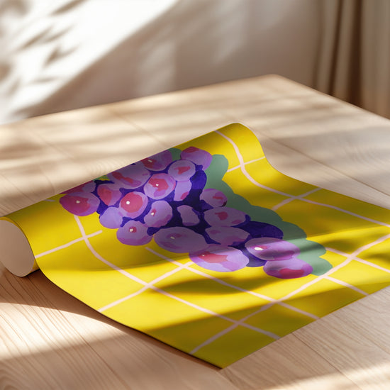 Poster Raisin pop art - Grappe violette et jaune soleil façon carrelage rétro — Vierge - poster-enroullé