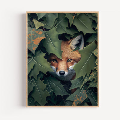 Fuchs Poster – Geheimnisvoller Blick zwischen Blättern