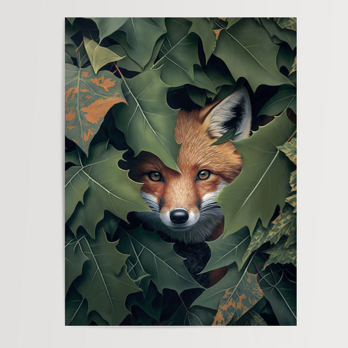Poster Renard - Regard mystérieux caché sous les feuilles — Vierge - poster-presentation-produit
