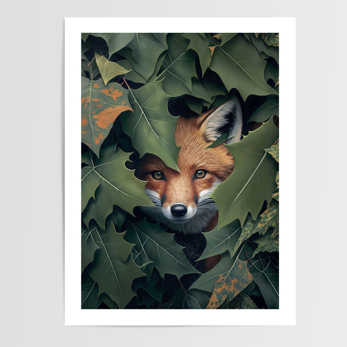 Poster Renard - Regard mystérieux caché sous les feuilles — Vierge - poster-presentation-produit — passe-partout blanc
