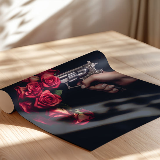 Poster Revolver aux roses - Élégance noire et floral surprenant — Vierge - poster-enroullé