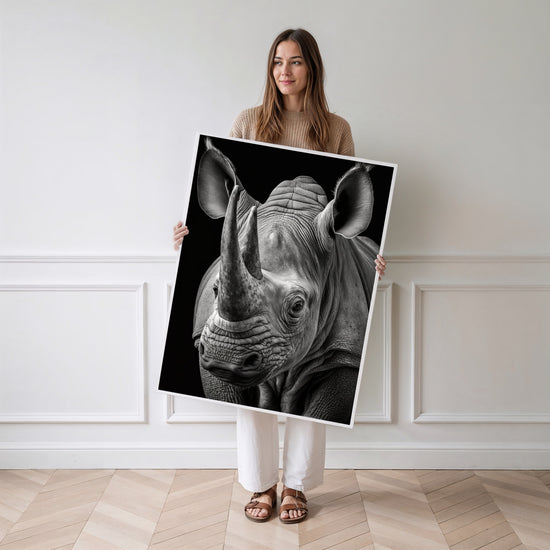 Poster Rhinocéros - Force brute en noir et blanc d'Afrique sauvage — Vierge - poster-femme-debout