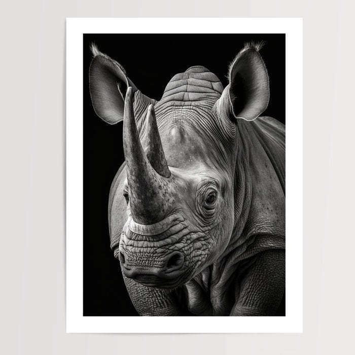 Poster Rhinocéros - Force brute en noir et blanc d'Afrique sauvage — Vierge - poster-presentation-produit — passe-partout blanc