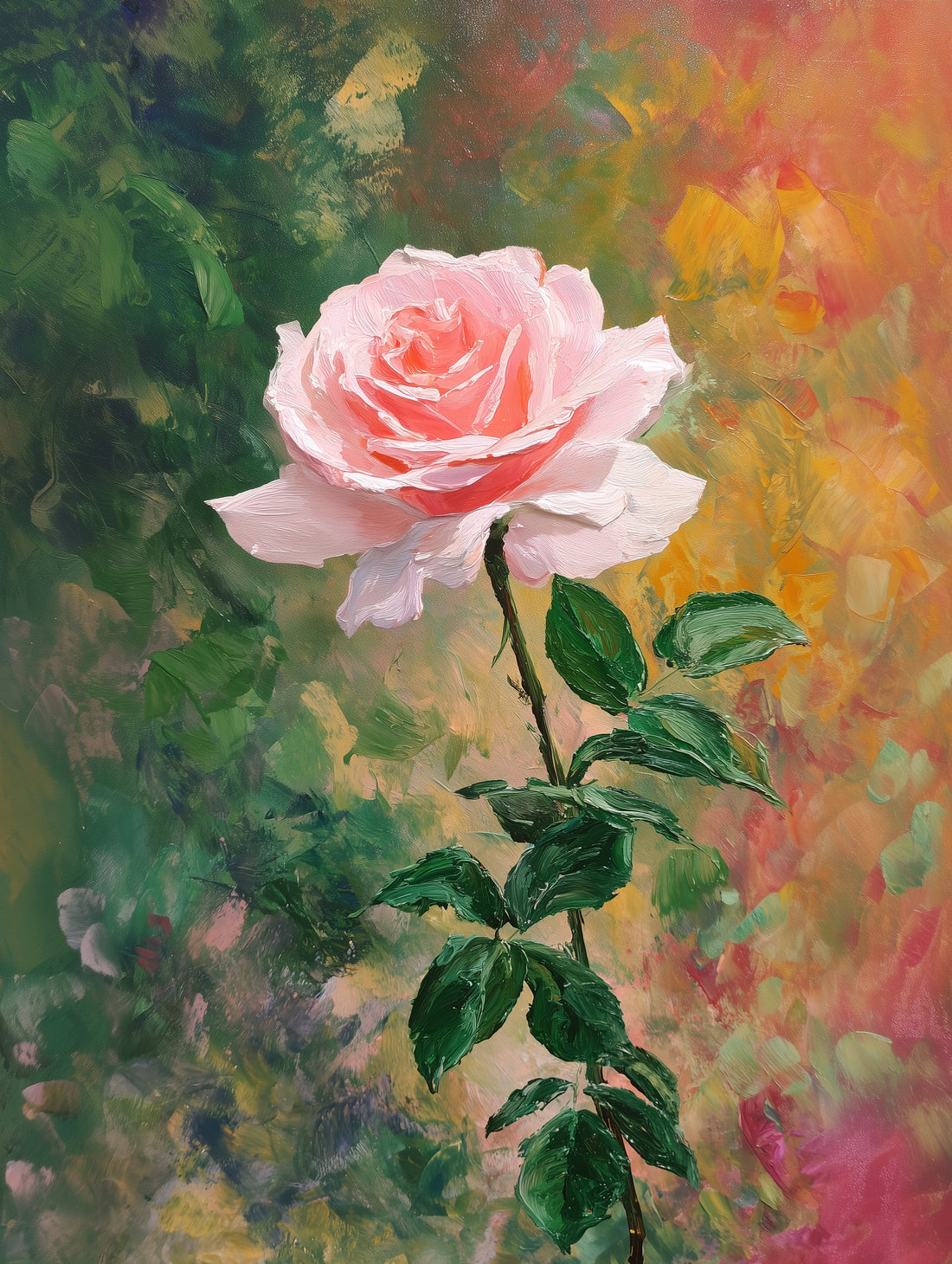 Poster Rose à l'huile - Douceur d'un jardin au soleil couchant