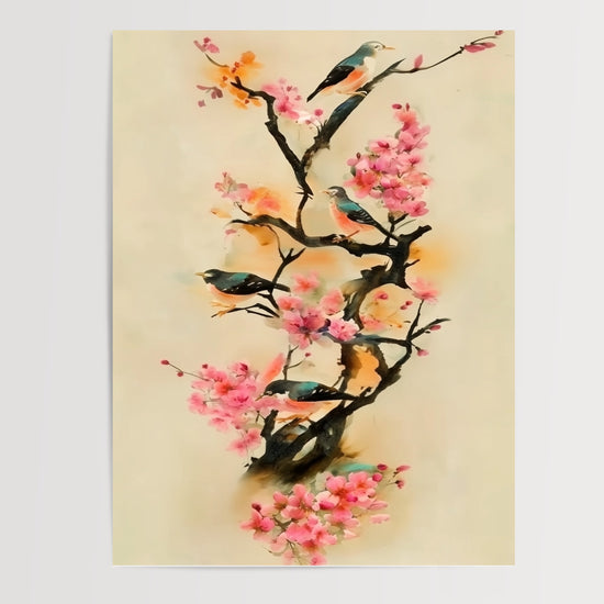 Poster Sakura et hirondelles - Aquarelle pastel pour une douceur printanière — Vierge - poster-presentation-produit