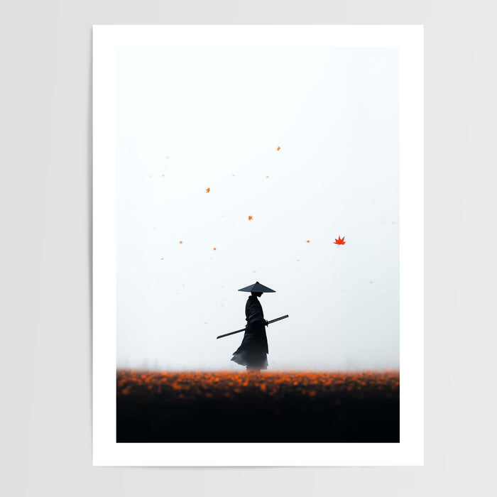 Poster Samouraï - Marche silencieuse parmi les feuilles d'automne — Vierge - poster-presentation-produit — passe-partout blanc