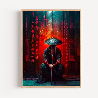 Poster Samouraï - Silhouette silencieuse dans l'ombre rouge